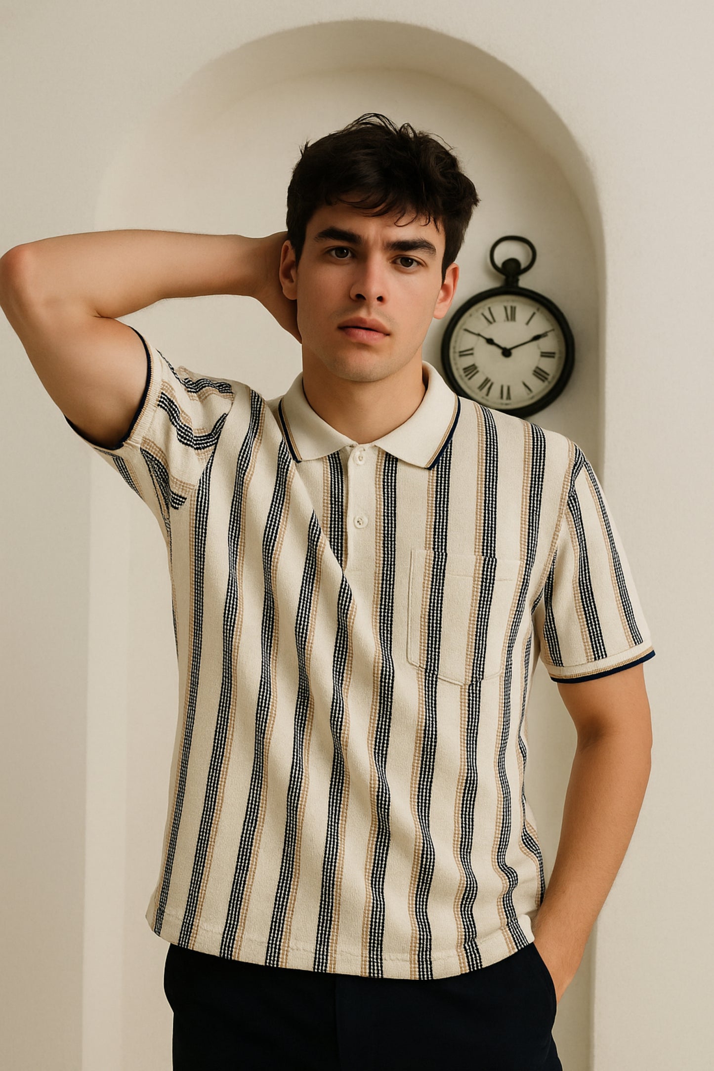 Navy Vertical Striped Collar T-Shirt