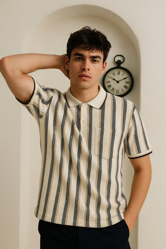 Navy Vertical Striped Collar T-Shirt