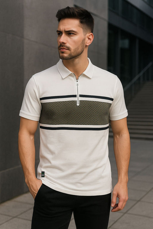 Monochrome Zip Polo with Geometric Chest Panel