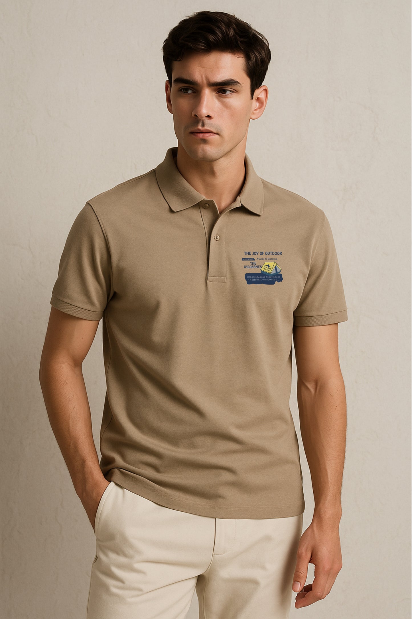 Beige Outdoor Graphic Polo Collar T-Shirt
