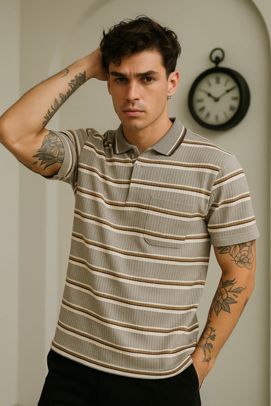 Grey Collar T-Shirt with Brown & White Stripes