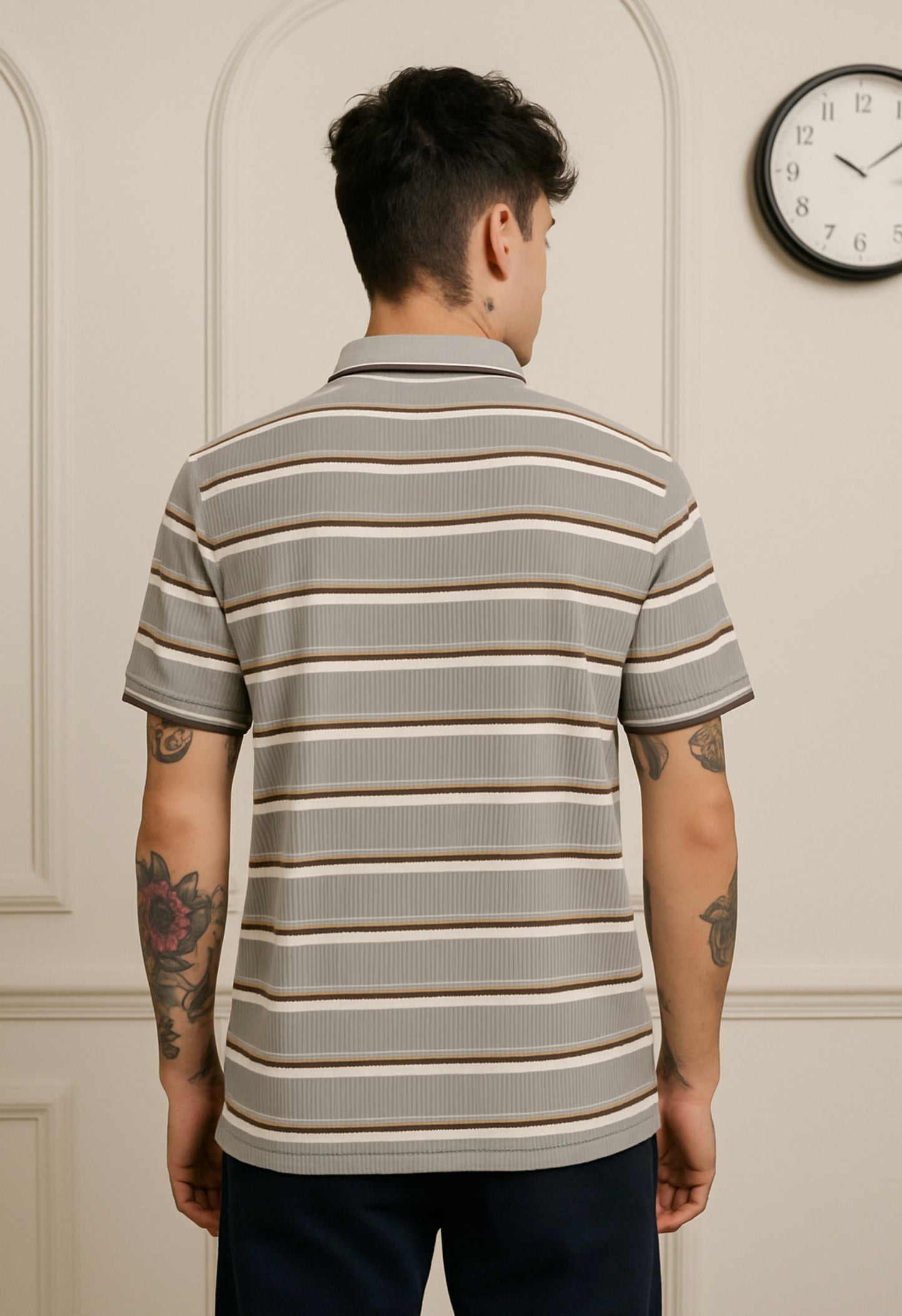 Grey Collar T-Shirt with Brown & White Stripes