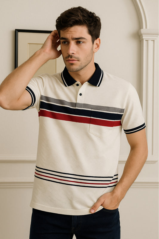 Off-White Polo with Red & Navy Stripes