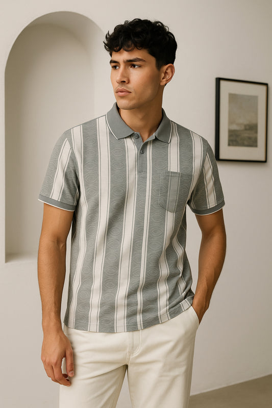 Sage Green & White Vertical Striped Polo Collar T-Shirt