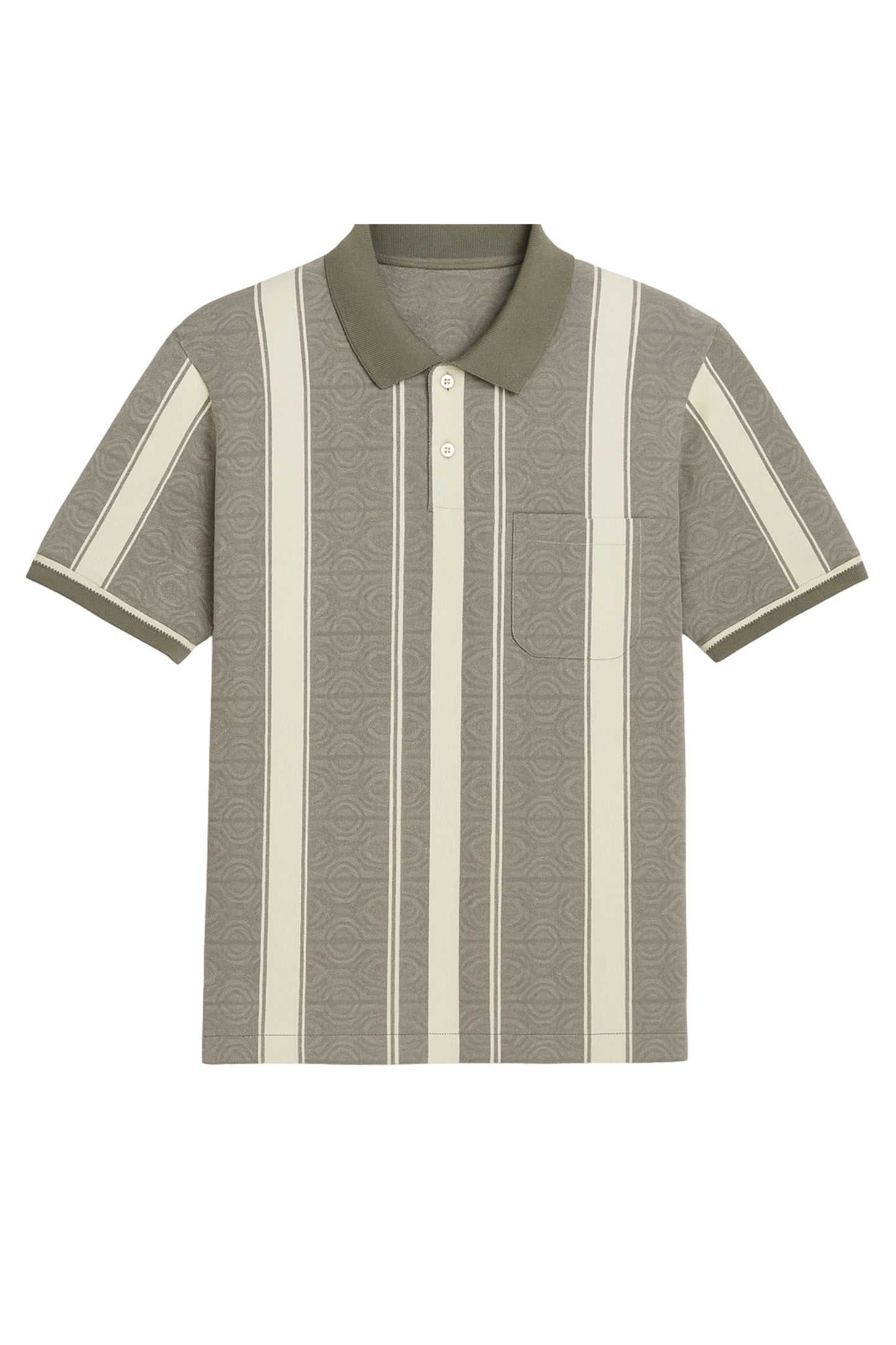 Sage Green & White Vertical Striped Polo Collar T-Shirt